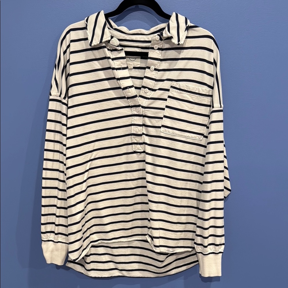 Aerie Navy and White Striped Long Sleeve Polo
